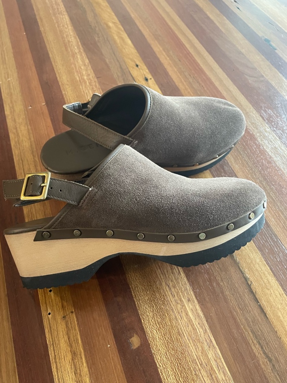 Women's Taupe Suede Clog Mules with Stud Detail
